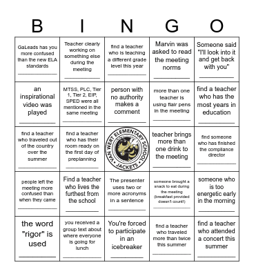 VWES Welcome Back Bingo Card