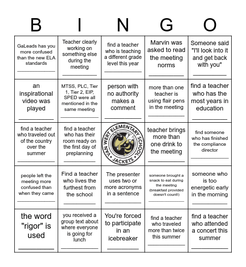 VWES Welcome Back Bingo Card