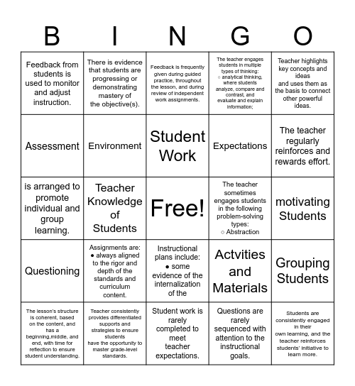 Louisiana Educator Rubric Bingo Card