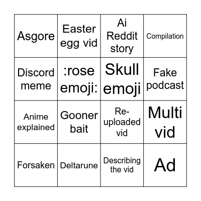 YouTube shorts bingo Card