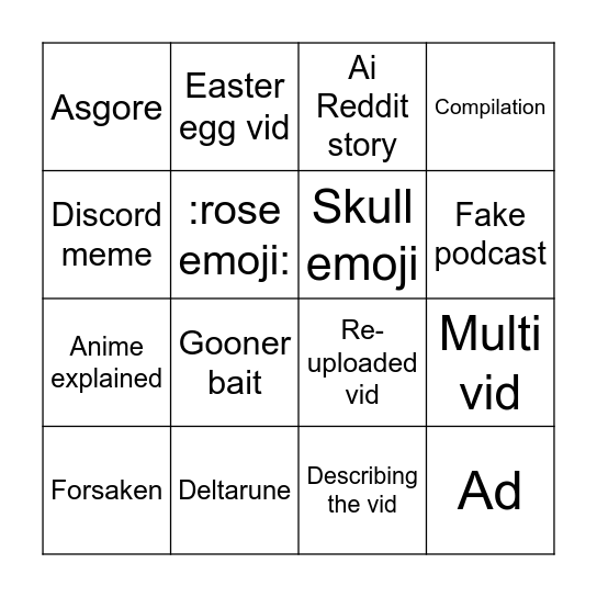 YouTube shorts bingo Card