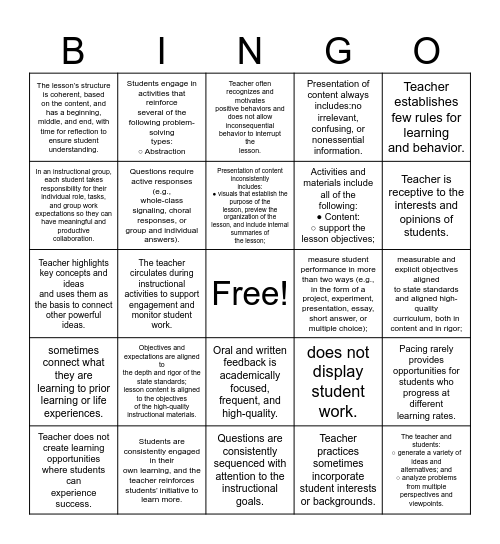 Louisiana Educator Rubric Bingo Card