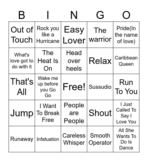 1984 Hits Bingo Card
