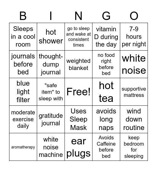 Sleep Bingo Card