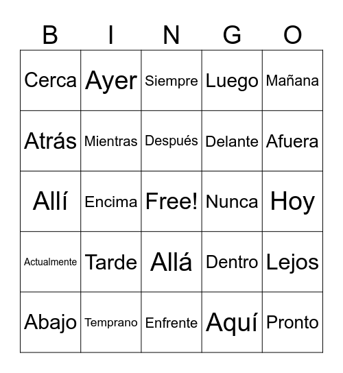 Bingo de Adverbios Bingo Card