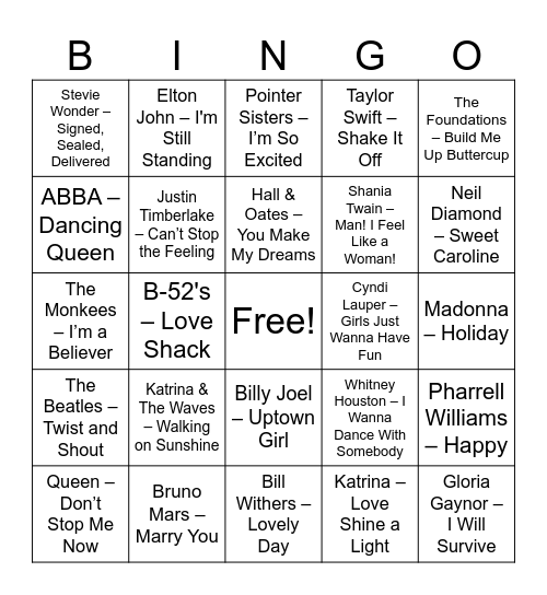Feel-Good Sing-Alongs Bingo Card