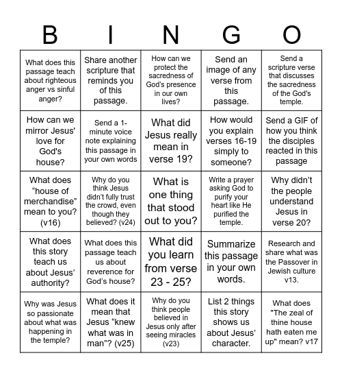 Bible Study Bingo John Ch2:13 - 25 Bingo Card