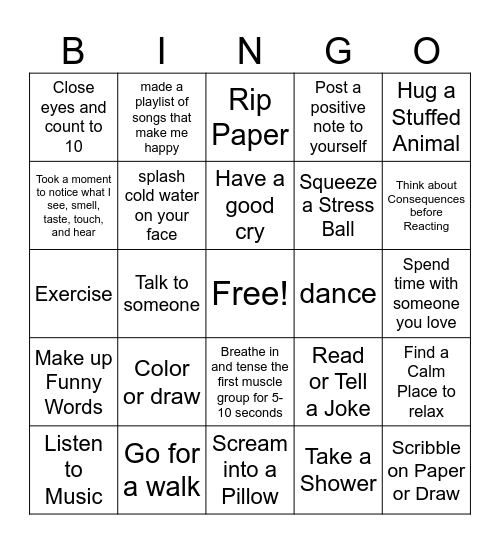 Coping Skills BINGO Card