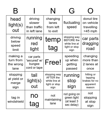ROAD TRIP BINGO Card
