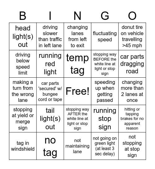 ROAD TRIP BINGO Card