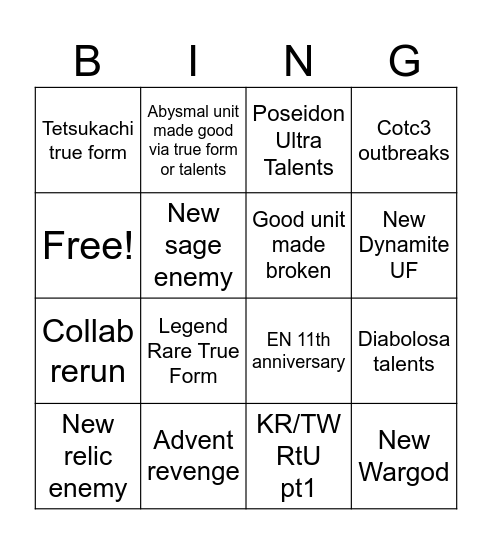 Battle Cats 14.6 predictions Bingo Card