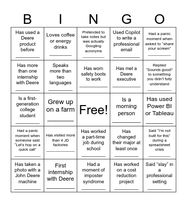 National Intern Day Bingo Card