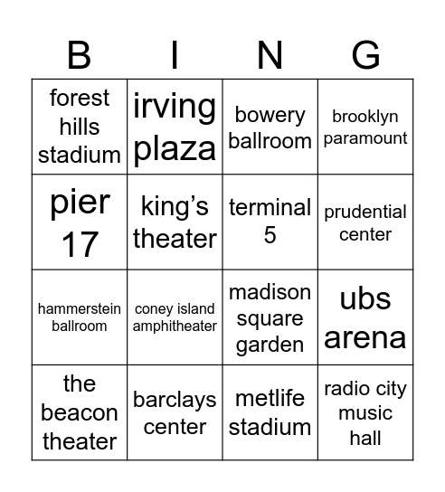 nyc concert goer bingo! Bingo Card