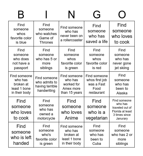 GET TO KNOW YOU Bingo Card