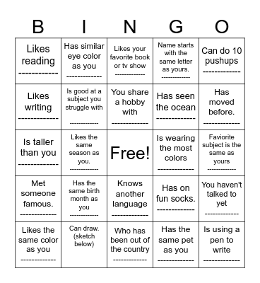 Meet Your Class Bingo :       Find a classmate who... Bingo Card