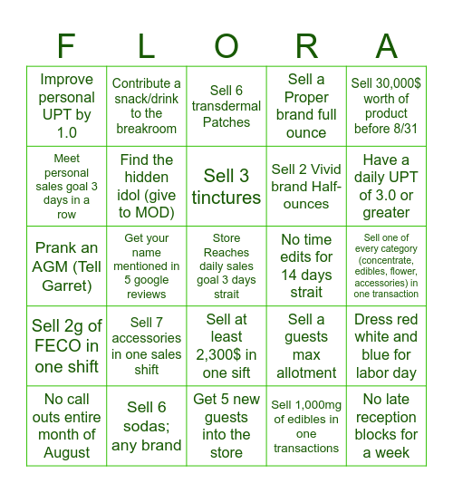Flora Farms Sales Bingo Card