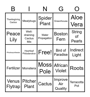 Houseplant Bingo 1 Bingo Card