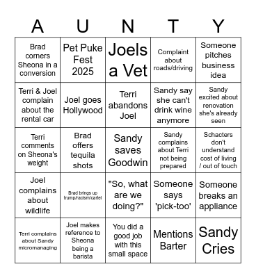 Aunty Summit 2025 Bingo Card
