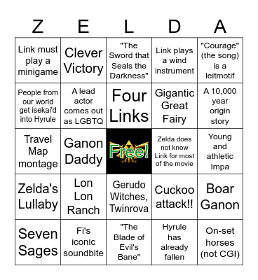 Legend of Zelda Movie Predictions Bingo Card