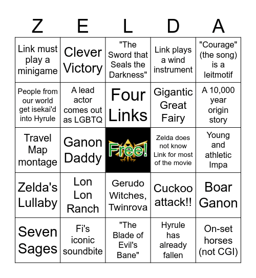 Legend of Zelda Movie Predictions Bingo Card