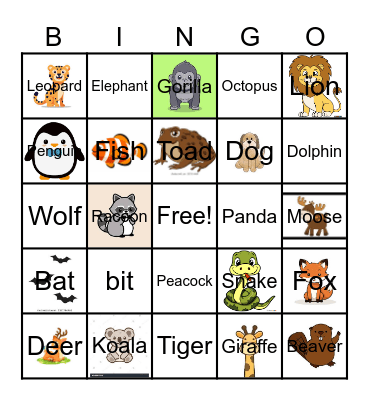 Animal Bingo Card