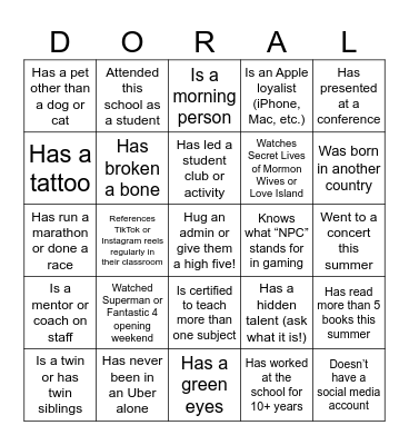 Staff Mixer Bingo Card