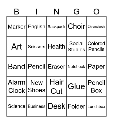 Back to School Bingo Card