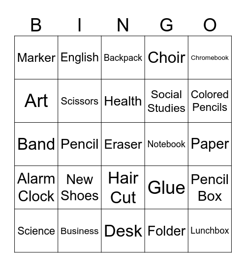 Back to School Bingo Card