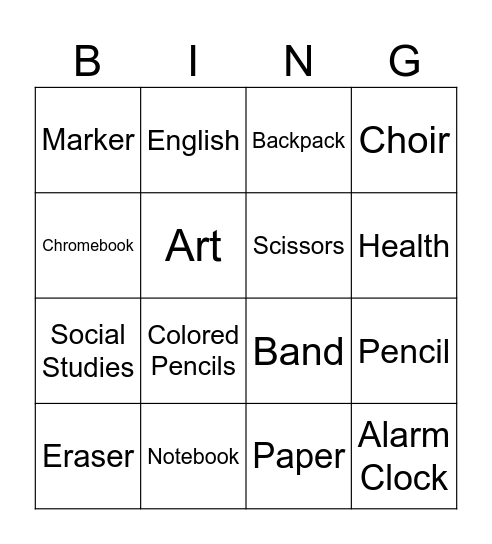 Back to School Bingo Card