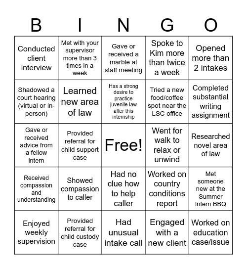 LSC Internship Bingo Card
