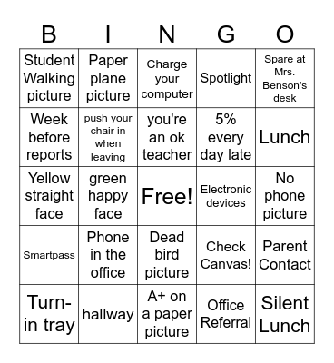 Mrs. Benson Procedures Bingo Card