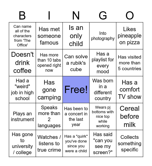 Get to know the team! Bingo Card