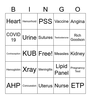 Student HEalth Bingo Card