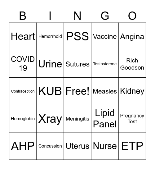 Student HEalth Bingo Card