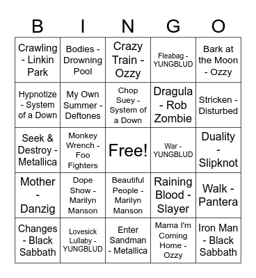 Ozzy and Friends Bingo Card
