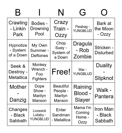 Ozzy and Friends Bingo Card