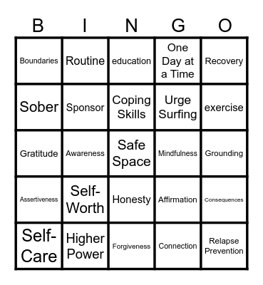 Recovery Bingo Card