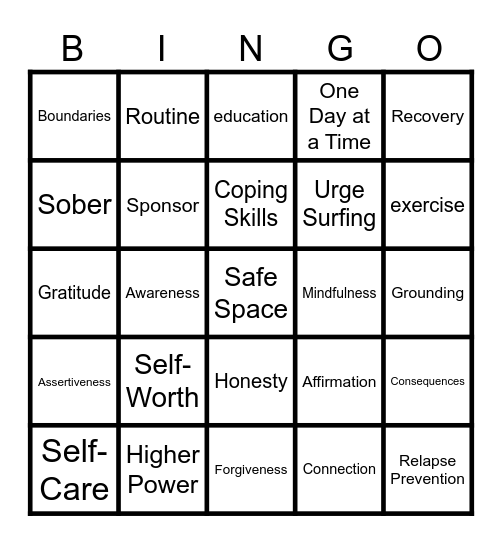 Recovery Bingo Card