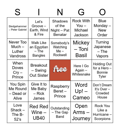 80'S HITS - MUSIC BINGO Card
