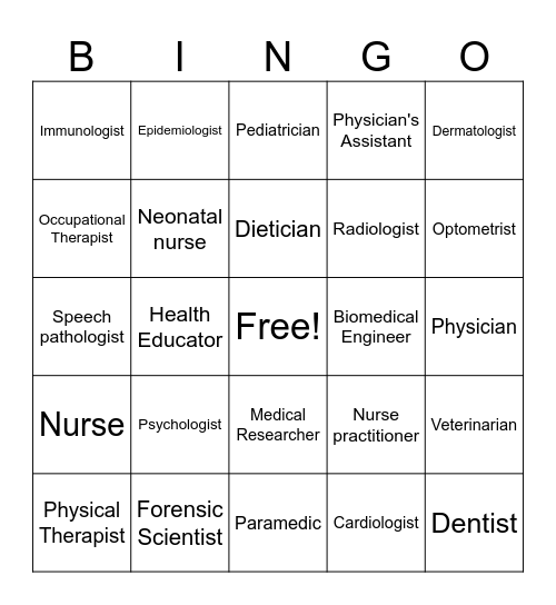 Healthcare Careers Bingo Card