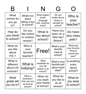 Back to School Bingo Card