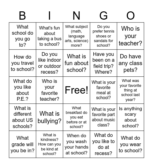 Back to School Bingo Card