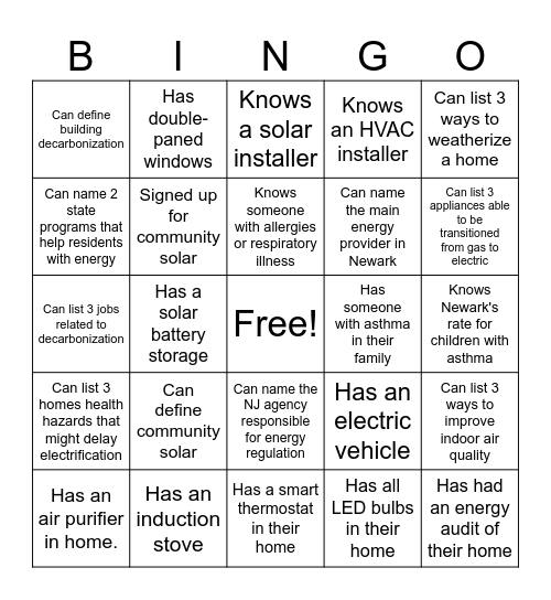 NJEJA Home Energy BINGO! Bingo Card