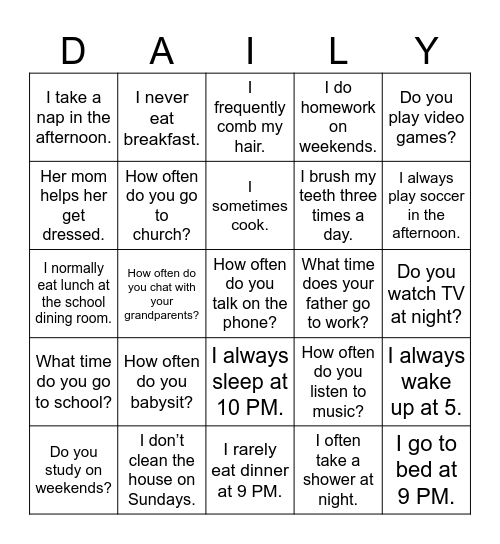 Daily Routines Sentences Bingo Card