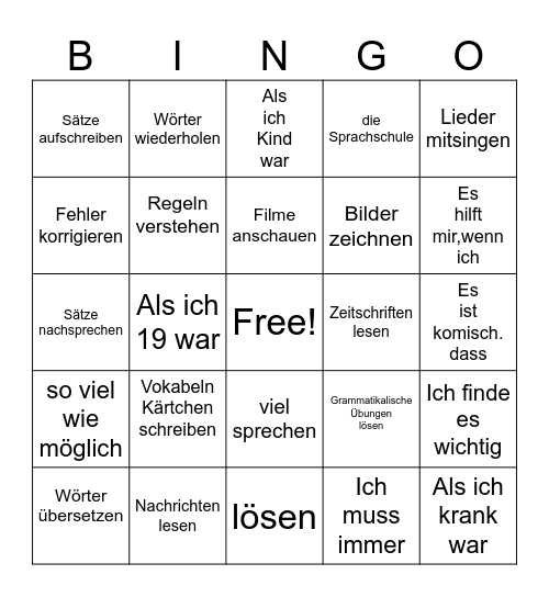 Deutsch lernen Bingo Card