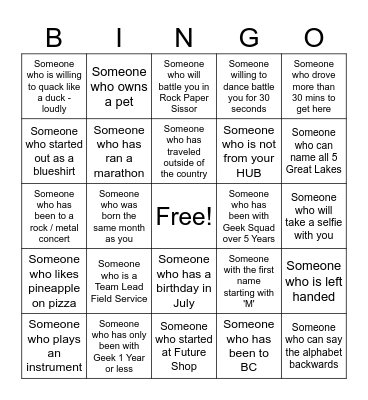 Geek Squad Agent Bingo Card