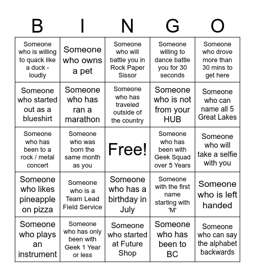 Geek Squad Agent Bingo Card