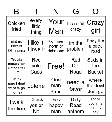 Country Music Bingo Card