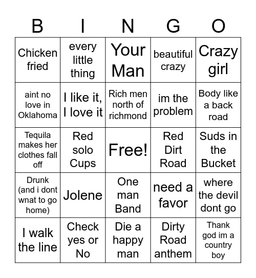 Country Music Bingo Card