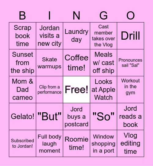 Jordan Bauth Vlog Bingo! Bingo Card
